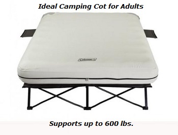 Comfortale and sturdy for elderly adults Coleman Queen Size Airbed Camping Cot and Air Mattress with Side Tables, supporting 600 lbs. in weight capacity.