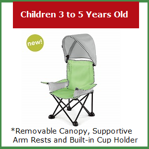 Summer Pop n Sit Big Kid Folding Camp Chair. This folding camping chair is great for kids 3 to 5 years of age, up to 50 lbs. This kids chair has a removable canopy when up will help protect your child from the sun's rays.