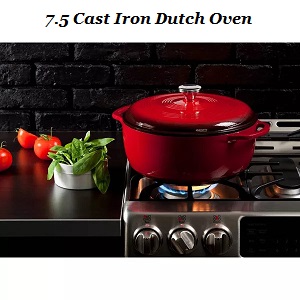 7.5 Quart Red Enameled Cast Iron Dutch Oven with lid for camping or kitchen cooking. Great enameled coated red dutch oven for steaming vegetables, baking crusty bread or just to cook for a crowd. 7.5 Quart Capacity - just the right size for family cooking.