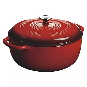 7.5 Qt. Red Enameled Cast Iron Dutch Oven pot with lid, 7.5 quart capacity, great in the kitchen or while camping. Prepare your favorite soups and stews with the Lodge 7.5-quart Dutch oven. 