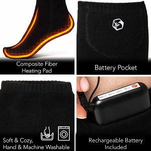 Foxelli Heated Socks for Women and Men to provide warmth to your feet and toes while outdoors in cold weather. These socks heat the full bottom of your foot and your toes..
